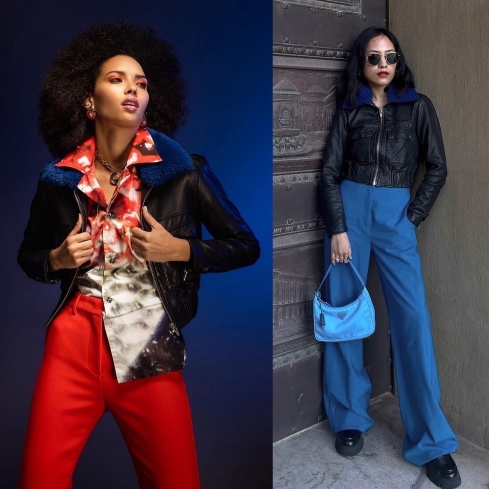 VEDA Lamb Leather Faux Fur Collar Cropped Y2K Penny Lane Biker Bomber Jacket L‎